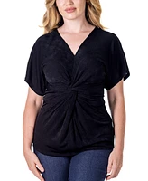 24seven Comfort Apparel V Neck Knot Front Kimono Sleeve Top