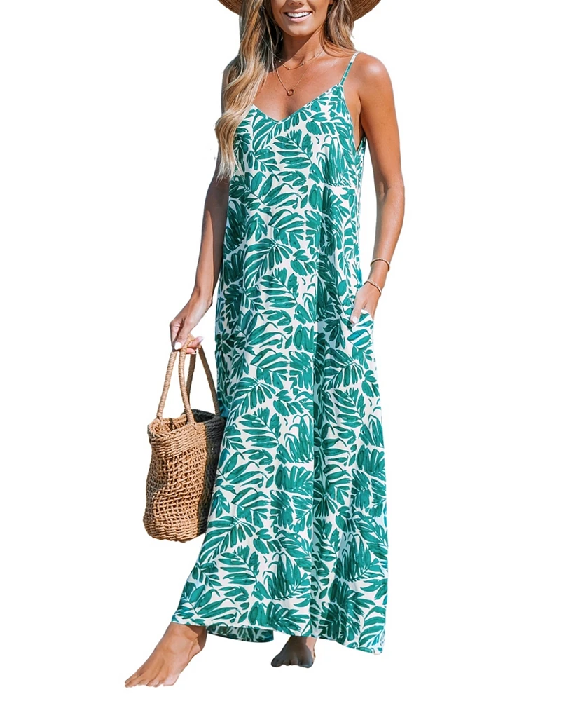 Cupshe Women's Green Tropics Sleeveless Flowing Maxi Beach Dress