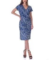 24seven Comfort Apparel Print Knee Length Short Sleeve Faux Wrap Dress