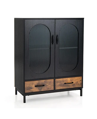 Slickblue Kitchen Industrial Buffet Sideboard with Tempered Glass Doors-Black