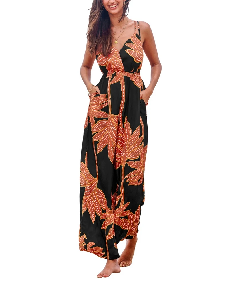 Cupshe Women's Black & Orange Floral Sweetheart Wide Leg Jumpsuit