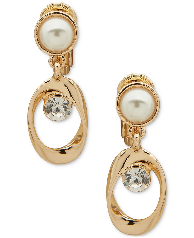 Anne Klein Gold-Tone Crystal & Imitation Pearl Orbital Clip-On Drop Earrings