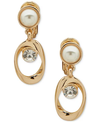 Anne Klein Gold-Tone Crystal & Imitation Pearl Orbital Clip-On Drop Earrings