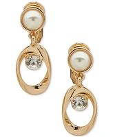 Anne Klein Gold-Tone Crystal & Imitation Pearl Orbital Clip-On Drop Earrings