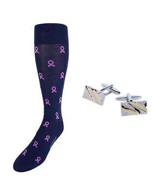 Trafalgar Men's Rhodium and Gold Cufflinks and Mid-Calf Awareness Socks