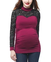 kimi + kai Maternity Mock Neck Lace Trim Top