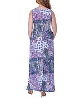 24seven Comfort Apparel Print Sleeveless V Neck Maxi Pocket Dress