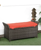 Outsunny 27 Gallon Pe Rattan Wicker Storage Bench, Large Outdoor Patio Box, Red