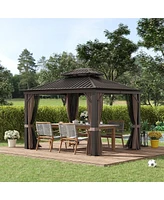 Outsunny 10' x 12' Hardtop Gazebo Canopy with Galvanized Steel Double Roof, Aluminum Frame, Permanent Pavilion Outdoor Gazebo with Netting and Curtain