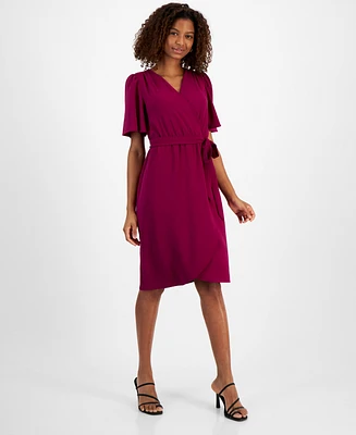 Connected Petite Surplice-Neck Faux-Wrap Flutter-Sleeve Dress