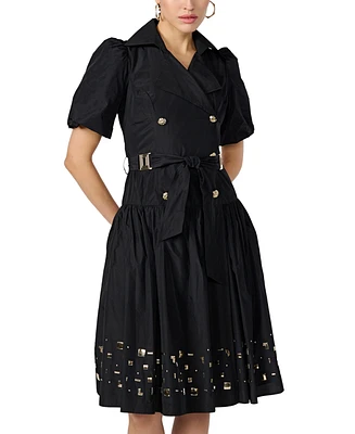 Karl Lagerfeld Paris Women's Studded-Hem Puff-Sleeve Belted Dress