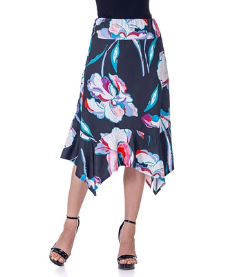 24seven Comfort Apparel Elastic Waist Floral Knee Length Handkerchief Hemline Skirt