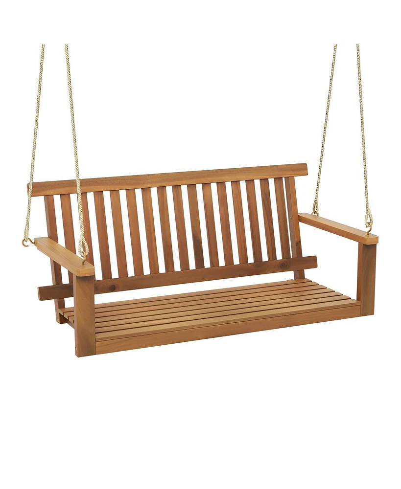 Sugift 2-Seat Acacia Wood Porch Swing Bench with 2 Hanging Hemp Ropes