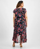 City Studios Plus Size Floral Print Flutter-Sleeve Faux-Wrap Midi Dress