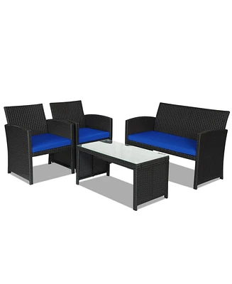 Sugift 4 Pieces Rattan Patio Furniture Set with Weather Resistant Cushions and Tempered Glass Tabletop