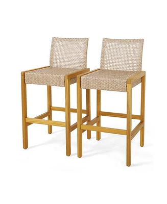 Sugift Set of 2 Rattan Patio Wood Barstools Dining Chairs with Backrest