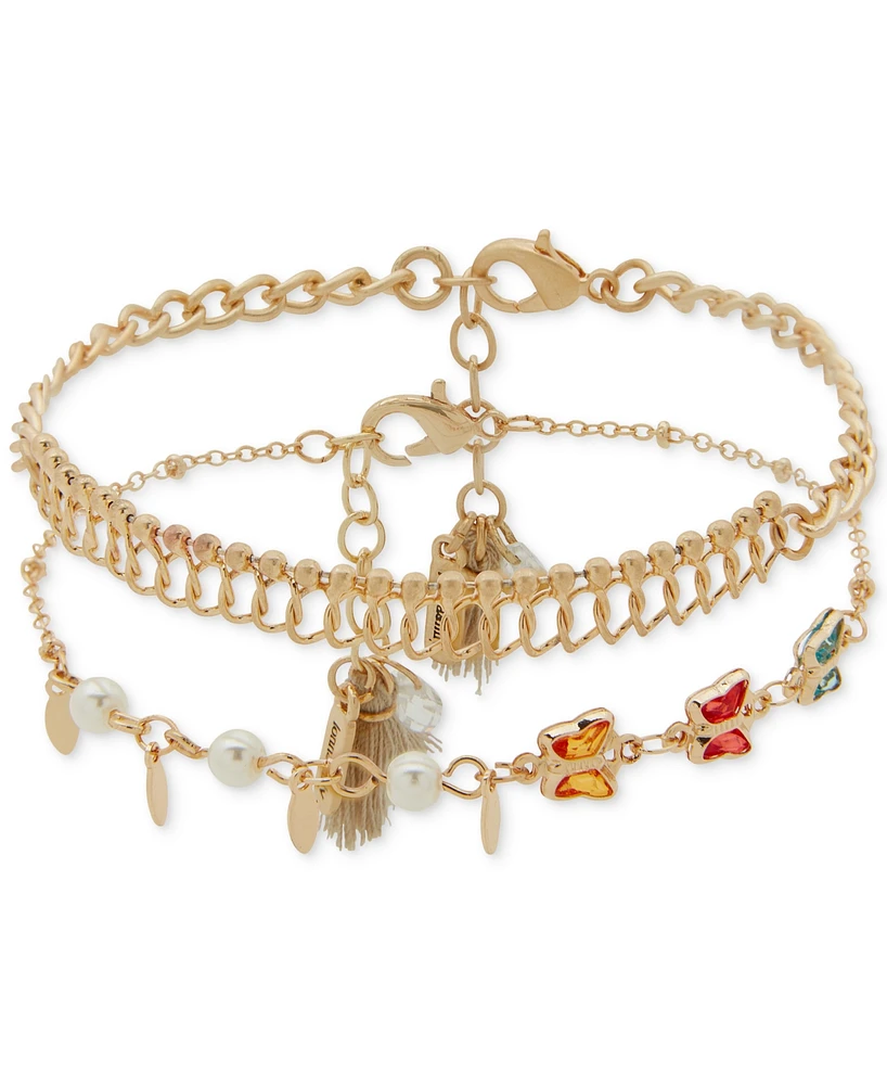 lonna & lilly Gold-Tone 2-Pc. Set Color Stone & Imitation Pearl Butterfly Ankle Bracelets