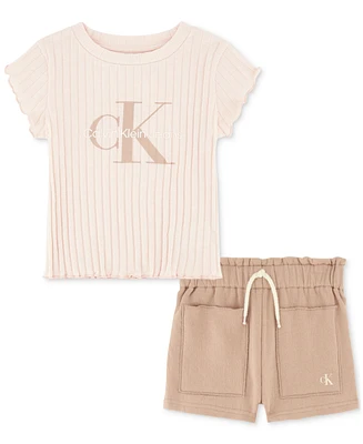 Calvin Klein Baby Girls Ribbed Logo T-Shirt & Crepe French Terry Shorts, 2 Piece Set