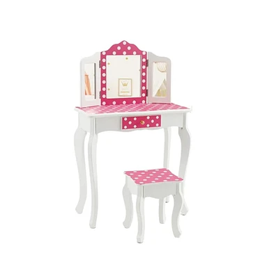Slickblue Kids Vanity Table and Stool Set with Cute Polka Dot Print-Pink