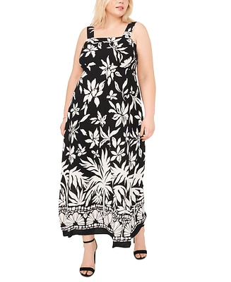 Vince Camuto Plus Size Printed Square-Neck Smocked-Back Maxi Dress