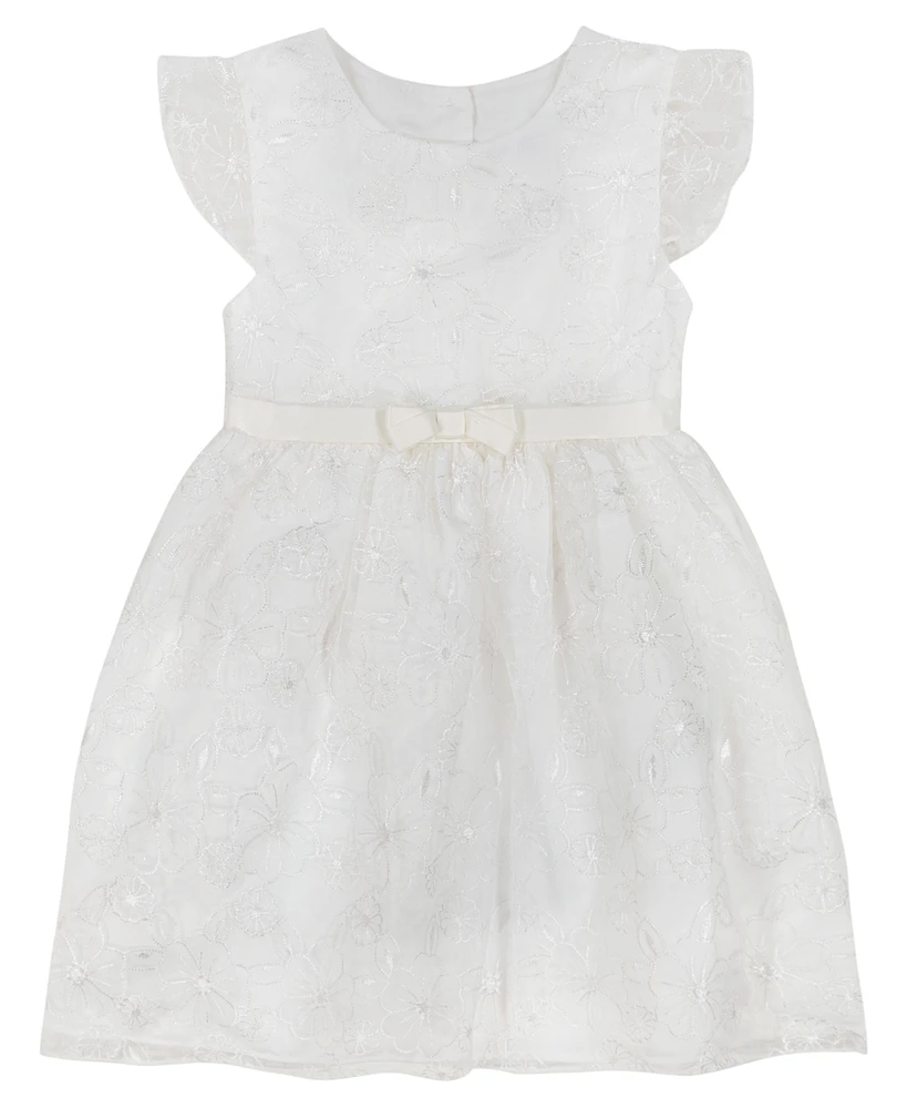 Blueberi Boulevard Baby Girls White Embroidered Flutter Sleeve Fit-and-Flare Dress