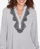 Ruby Rd. Petite Split Neck Embroidered Puckered Stripe Top