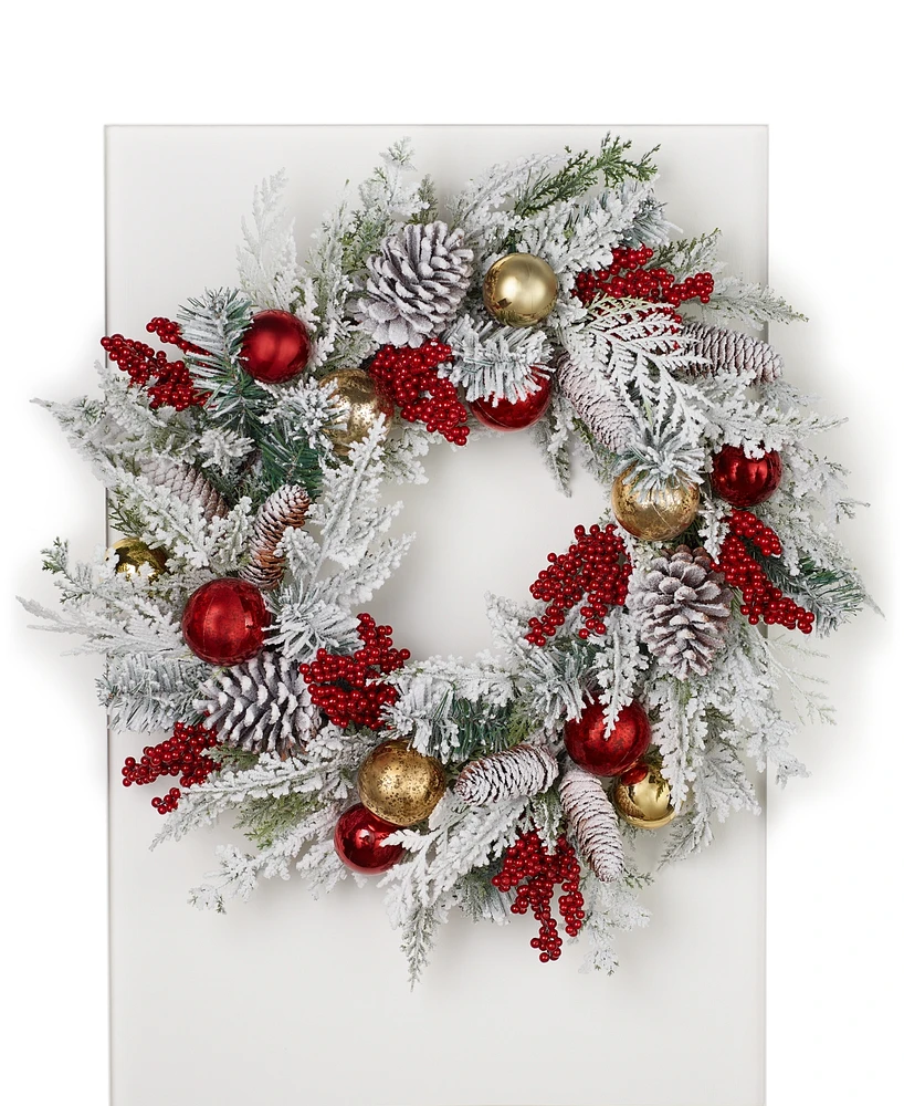 Holiday Lane Flocked Wreath with Red and Gold Ornaments, Created for Macy's