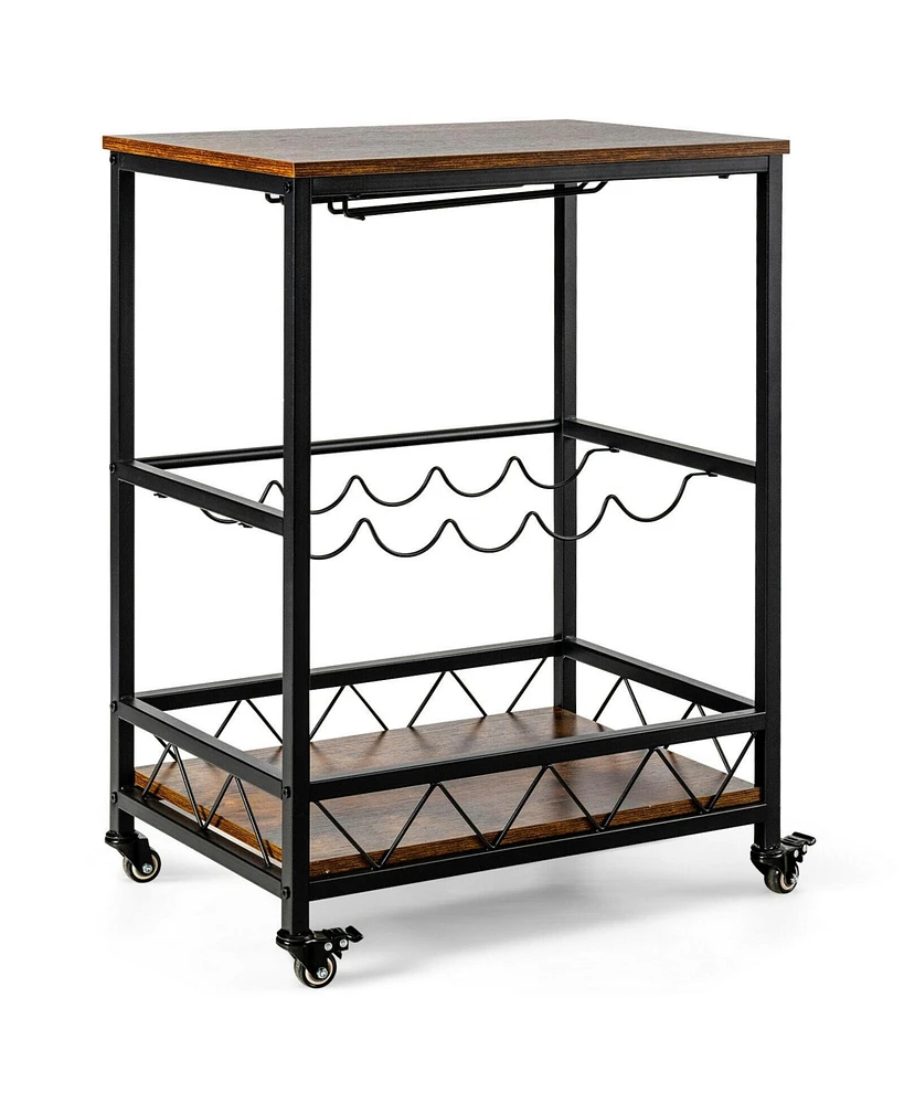 Slickblue Kitchen Bar Cart Serving Trolley on Wheels with Wine Rack Glass Holder-Rustic Brown