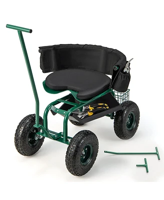 Slickblue Rolling Garden Cart with Height Adjustable Swivel Seat and Storage Basket-Black