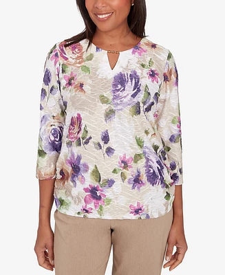 Alfred Dunner Charm School Women's Embellished Keyhole Floral Textured Top