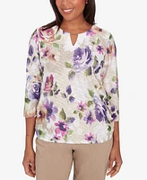 Alfred Dunner Charm School Women's Embellished Keyhole Floral Textured Top