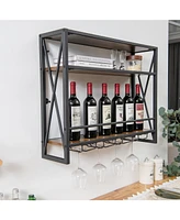 Slickblue 3-Tiers Industrial Wall Mounted Wine Rack with Glass Holder and Metal Frame