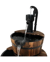 Sunnydaze Decor Rustic 2-Tier Wood Barrel Water Fountain with Hand Pump - 34 in