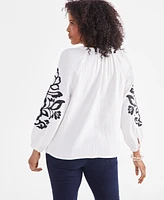 Style & Co Women's Split-Neck Long-Sleeve Embroidery Peasant Blouse, Created for Macy's