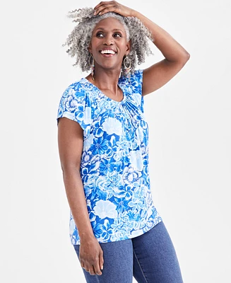 Style & Co Women's Printed Pleat-Neck Top, Created for Macy's