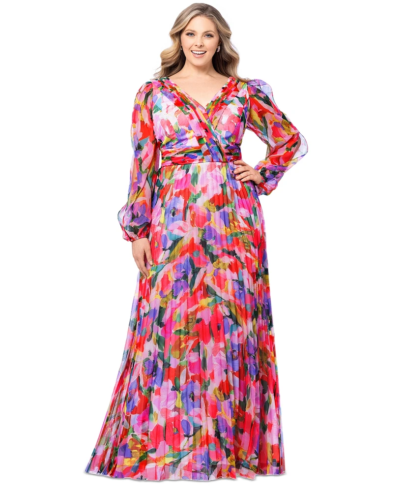 Betsy & Adam Plus Printed Pleated Long-Sleeve Gown