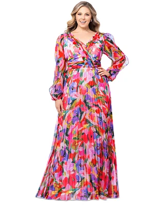 Betsy & Adam Plus Size Printed Pleated Long-Sleeve Gown