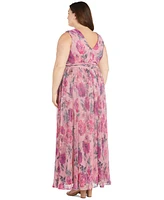 R & M Richards Plus Size Metallic Crinkle-Pleat Floral Dress