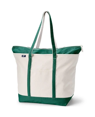 Lands' End Extra Large Natural 5 Pocket Zip Top Long Handle Canvas Tote Bag