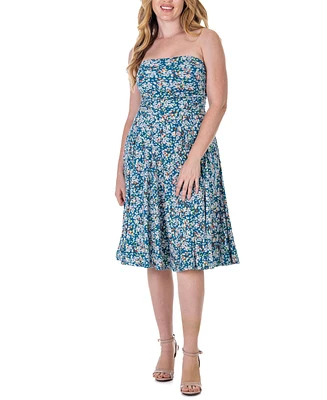 24seven Comfort Apparel Teal Floral Strapless Tube Top Flowy Knee Length Dress