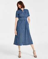 Anne Klein Women's Houndstooth Camp-Pocket Cotton Midi Dress