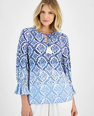 Jm Collection Women's Printed 3/4 Sleeve Tassle Top, Created for Macy's