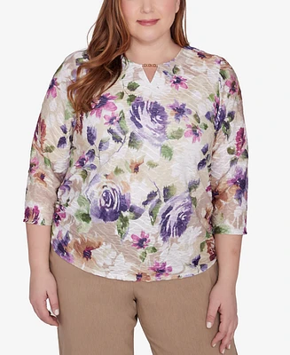 Alfred Dunner Plus Charm School Embellished Keyhole Floral Textured Top