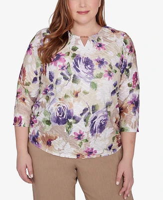 Alfred Dunner Plus Size Charm School Embellished Keyhole Floral Textured Top