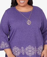 Alfred Dunner Plus Charm School Embroidered Medallion Top with Necklace