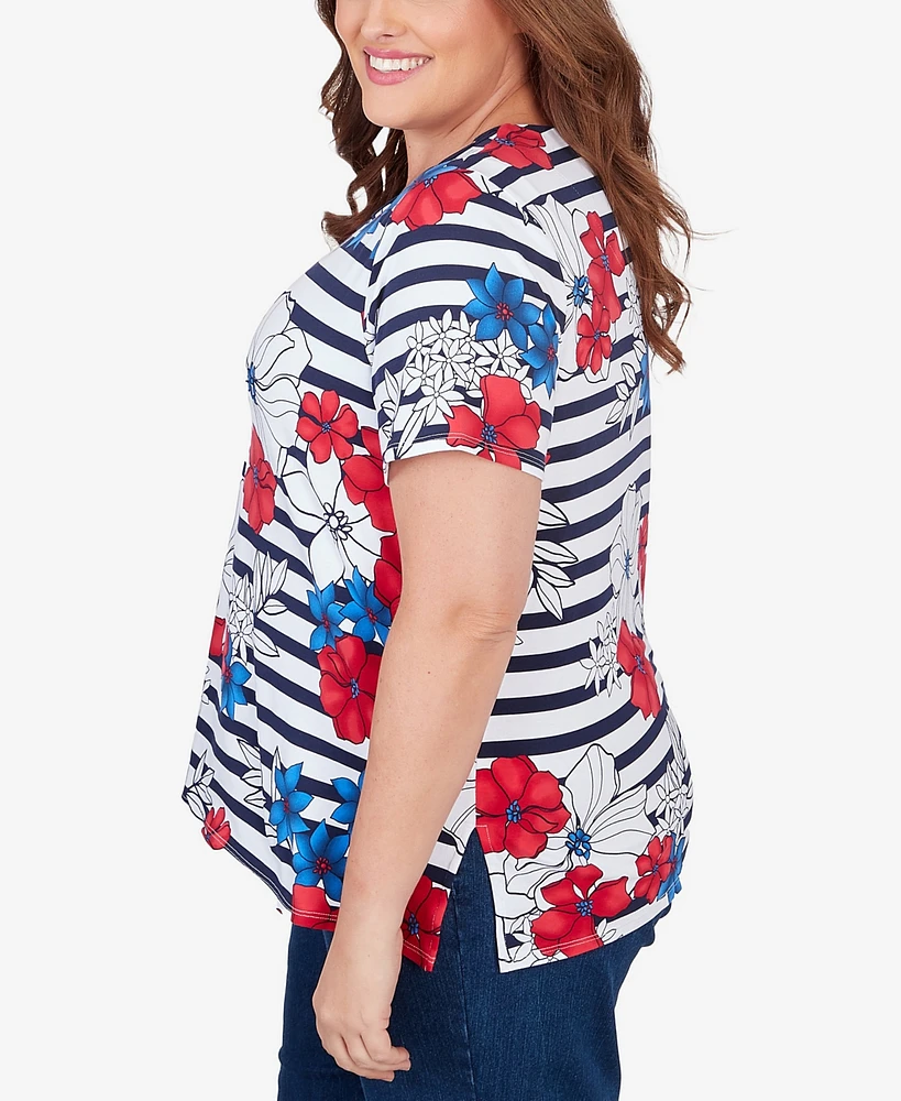 Alfred Dunner Plus Floral Stripe Braided Neck Tee