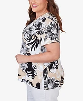 Alfred Dunner Plus Pleated Neck Bold Floral Short Sleeve Tee