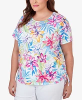 Alfred Dunner Plus Floral Leaf Side Tie Short Sleeve Tee