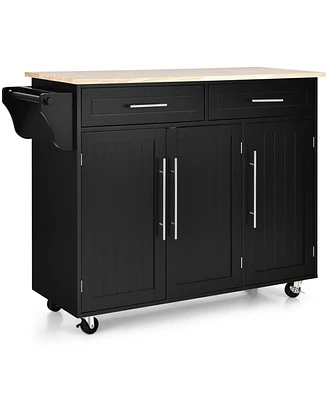 Slickblue Kitchen Island Trolley Wood Top Rolling Storage Cabinet Cart with Knife Block-Black