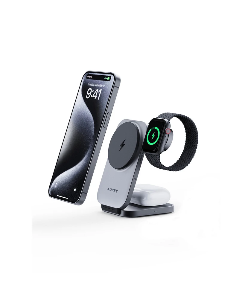 Aukey Lc-MC312 MagFusion Z Qi2 Mfw Certified 3-in-1 15W Foldable Magnetic Fast Wireless Charging Station 1.5ft Usb C-c Cable Included